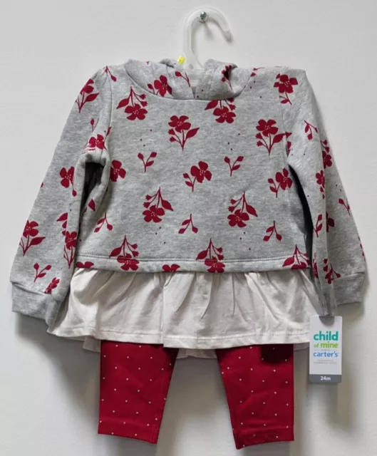2-Piece Set Carter's Baby Girl Hoodie & Pants, 24 Months, Grey/White/Red, NWT