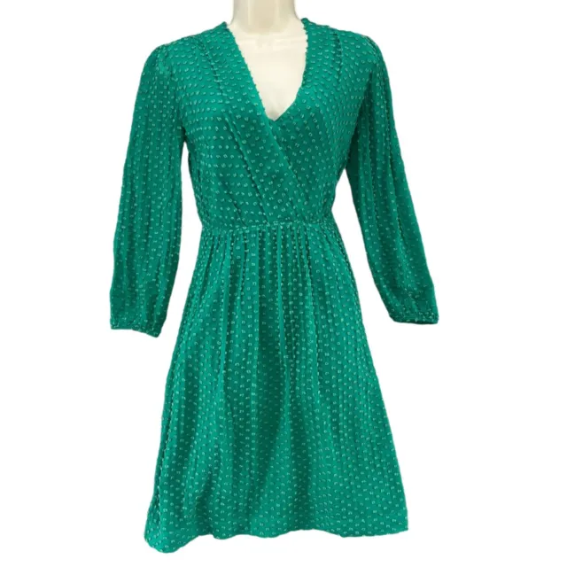 Boden Silk Blend Dress Green Textured Long Balloon Sleeve Faux Wrap US Size 4