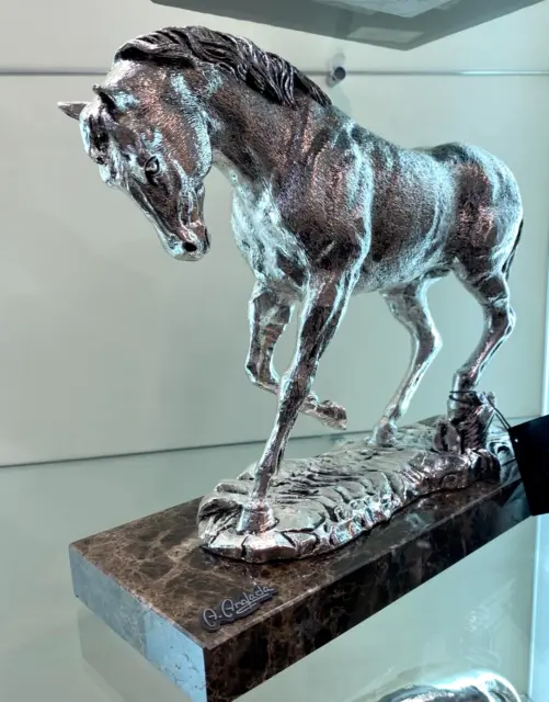 Vintage Horse Silver Statue Marble Sculpture Figure Anglada Spain Art Rare 20th