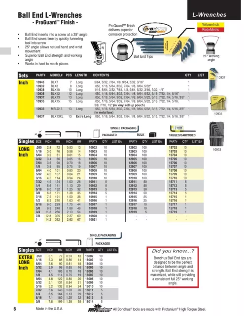 10pcs 3/16" Hex Bondhus Balldriver Long Arm L-Wrench USA #15710 2