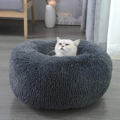 Cat Dog Bed Plush Fluffy Donut Cuddler Pillow Washable Round Cushion Deep Sleep
