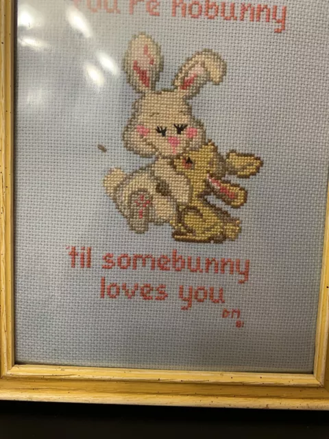 Cross stitch completed framed bunny somebunny loves you 7x9 1981 3