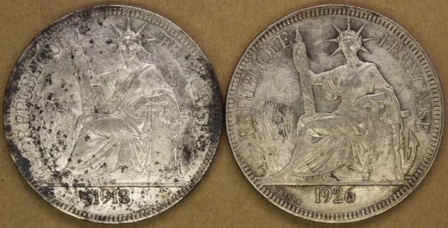 1913 & 1926 French Indochina Silver 1 Piastre - Large World Coin - HLK Coins
