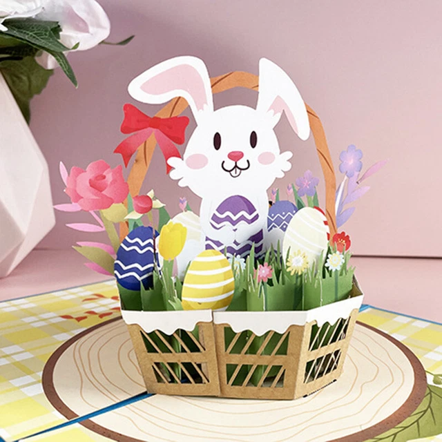 POP UP EASTER Card Happy 3D Rabbit Cards Easter Bunny in Flower Basket ...