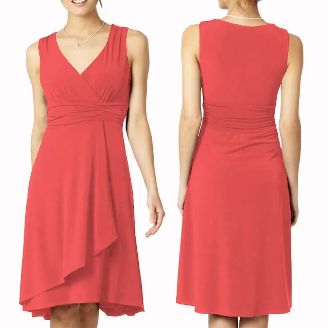 Elegant Mid Length V-Neck Sleeveless Jersey Cocktail Party Day Dress Coral