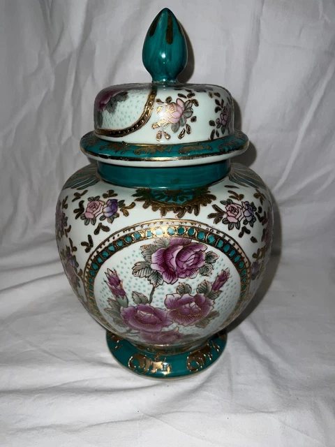 Vintage Gold Gilt Rose Floral Urn large temple vase lidded minor defect 30cm tal