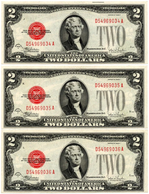 1928F $2 Red Seal Legal Tender Note Fr #1507 3pc Consecutive Set - Looks CU