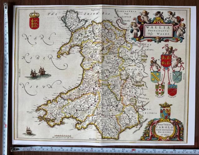 Antique Historic Vintage Old Colour Poster Map of Wales 1645 1600s REPRINT Blaeu