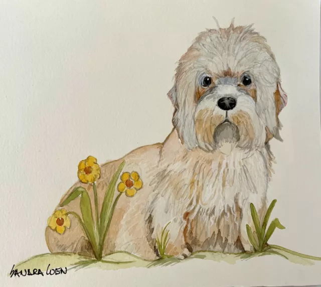 Dandie Dinmont Terrier Original Watercolor Painting of a by Sandra Coen mustard