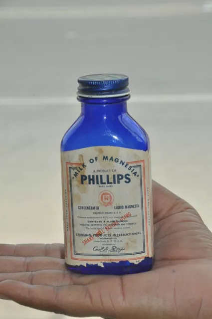 VINTAGE LAIT DE Magnésie 'Phillips' Annonce Bleu Verre Bouteille, USA EUR  26,34 - PicClick FR
