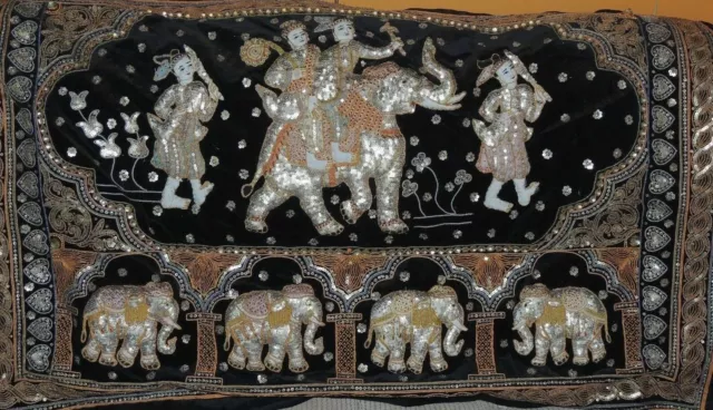 Burmese Kalaga Embroidery 52" x 36" Tapestry Art Wall Hanging Elephants Riders