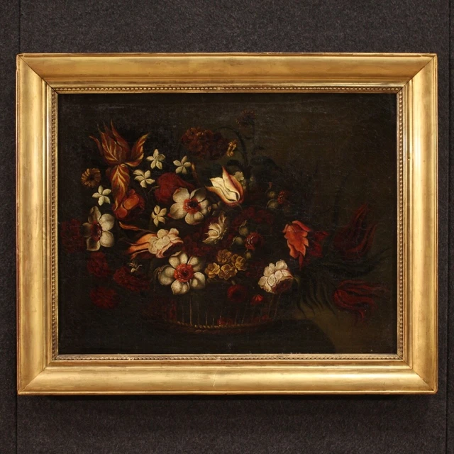 Antiguo bodegon pintura jarron flores cuadro oleo sobre lienzo siglo XVIII