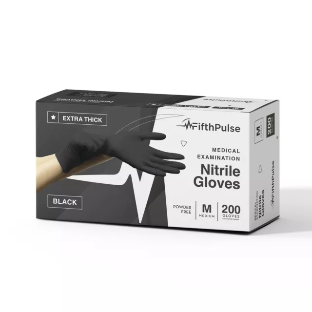 Fifth Pulse Nitrile Exam Latex & Powder Free THICK Gloves - Black  - 200 pks (M)