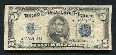 1934-C $5 Five Dollars *Star* Blue Seal Silver Certificate Currency Note