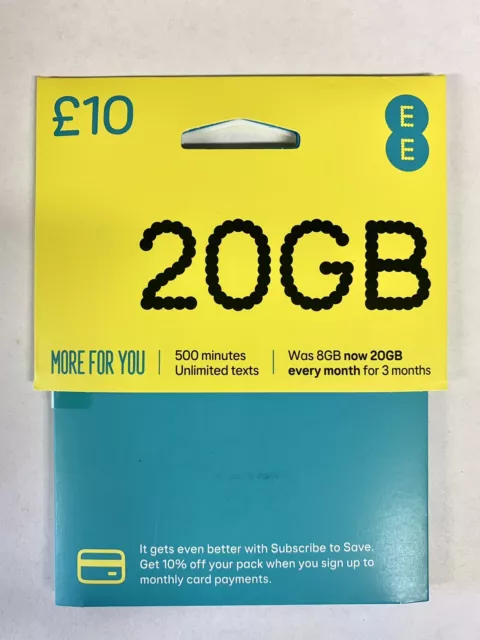 EE Sim Card Pay As You Go £10 Pack 20gb Data Unlimited SMS Mini Micro Nano