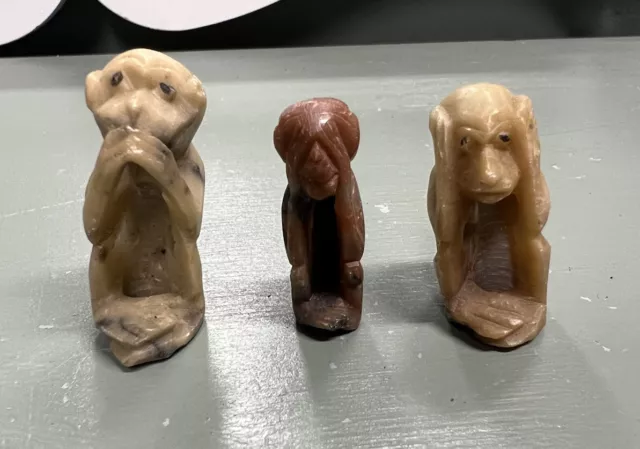3 Wise Monkeys See Hear Speak No Evil Hand Carved Stone Figurines