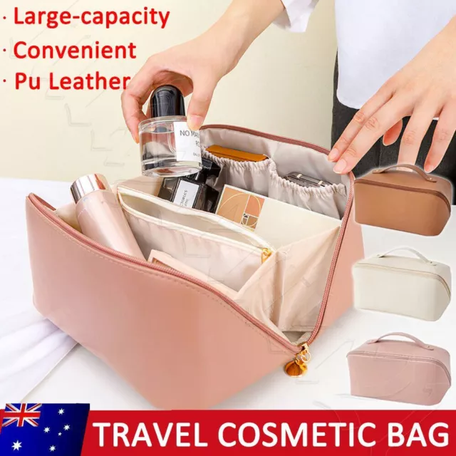 Large Capacity Travel Cosmetic Bag Makeup Brushes Slots Dividers Organizer Pouch