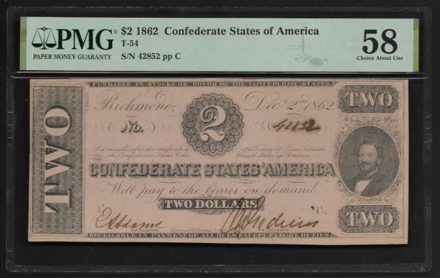 $2 Confederate States 1862 T-54, PMG Choice AU 58