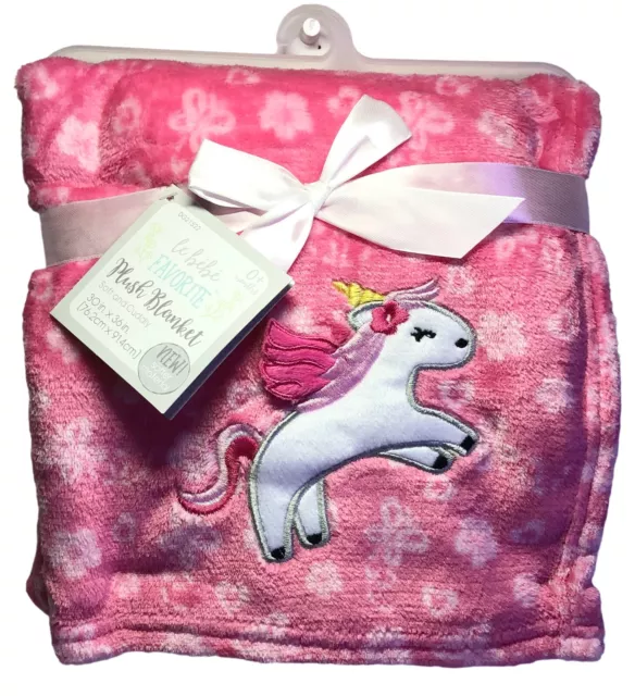 New NWT Le Bebe Baby Girl Pink White Unicorn Super Soft Lovey Blanket 30 x 36