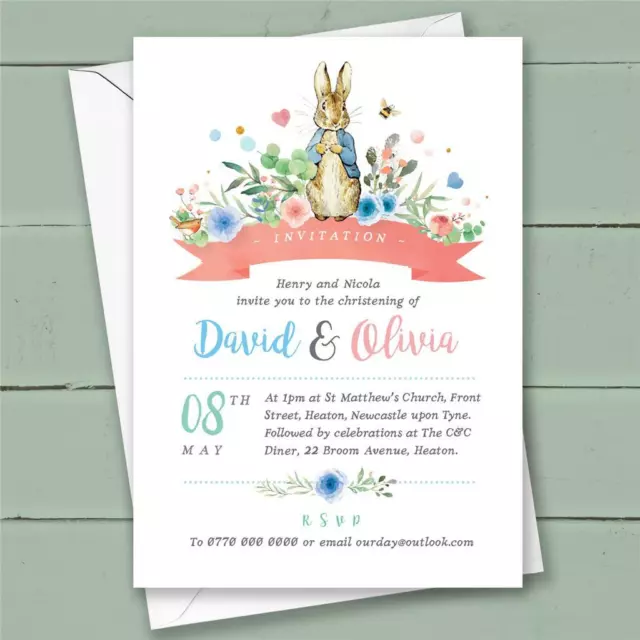 10 Personalised Peter Rabbit Joint Christening Naming Day Invitations Girl Boy