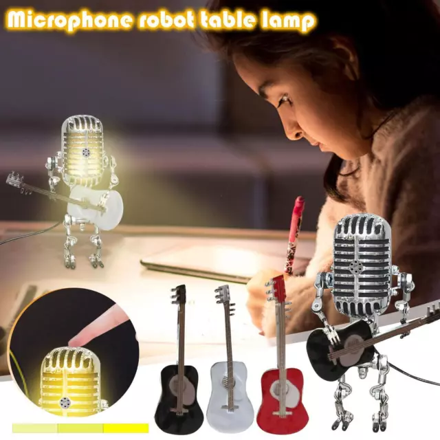 NEW Vintage Microphone Robot Table Lamp Retro Holding Guitar Creative Decor Gift