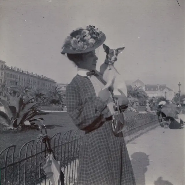 France, nice, woman with her chien, ca.1907, vintage citrate print vintage citra