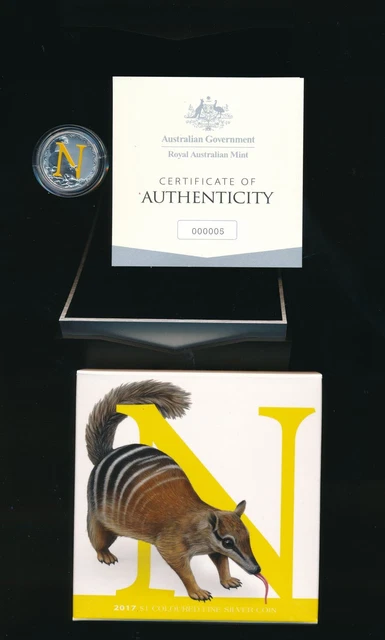 Australia: 2017 $1 Coloured Frosted "N" NUMBAT Silver Coin, Mintage 227 CoA No.5