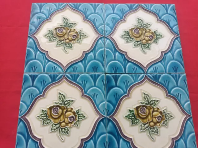 4 Piece Old Art Floral Embossed Design Majolica Ceramic Tiles Japan 0128 4