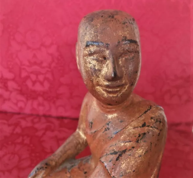 Buddha Disciple Sariputra 19th C. Carved Gilt Wood Statue Burmese Buddhist Art 5