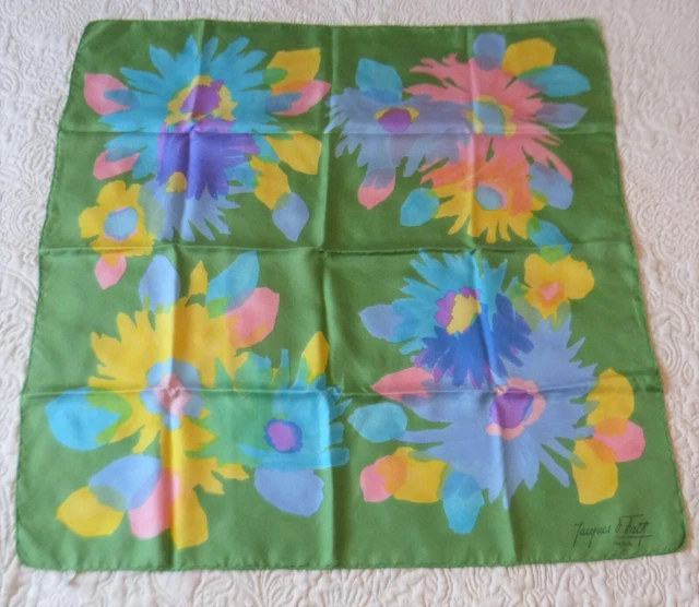 Foulard Ancien 100% Soie Jacques Griffe - Motif Fleurs Pastel - Très Bon État