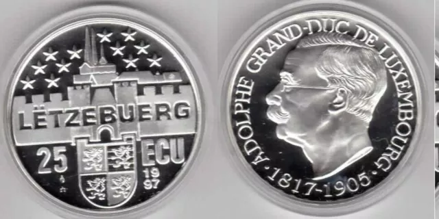 1997 Luxembourg Large Proof Silver 25 Ecu-Grand Duke Adolph
