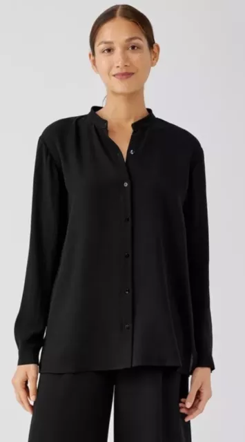 Eileen Fisher Silk Georgette Crepe Button Front Ls Mandarin Collar Black Shirt