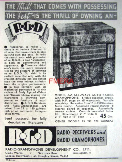 Art Deco 'R.G.D.' Model 645 Radio-Gram Advert : Original Small 1936 Print AD