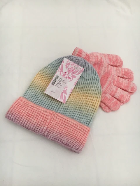 NWT Curls & Pearls Rainbow Unicorn Girls' Knit Beanie w. gloves set