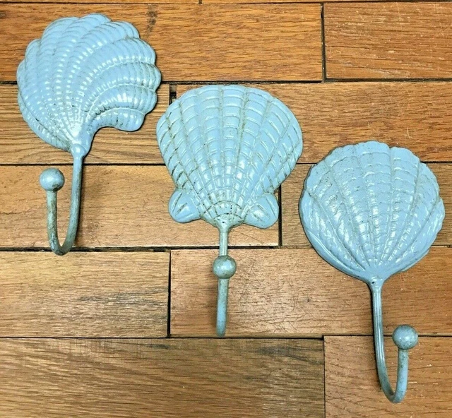 3 Sea Shell Seashell Coat Hooks Hat Wall rustic cast iron hanger Beach Nautical