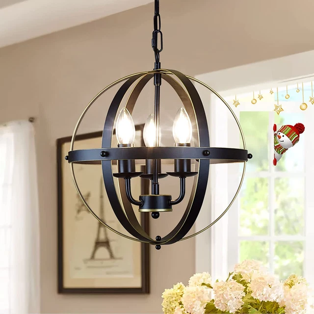 DLLT Chandelier Farmhouse Hanging Lighting, 3 Lights Globe Ceiling Light Fixture