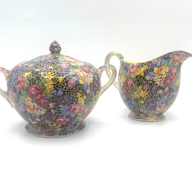 Antique Royal Winton Grimewades Hazel Chintz Creamer Lidded Sugar England HTF