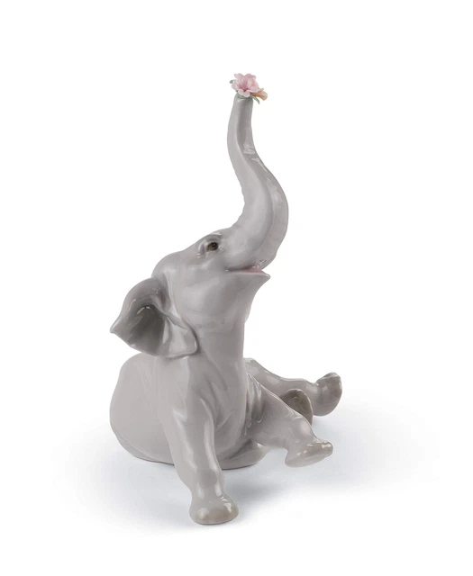 LLADR&#211; Baby Elephant with Pink Flower Figurine. Porcelain Elephant Figure.