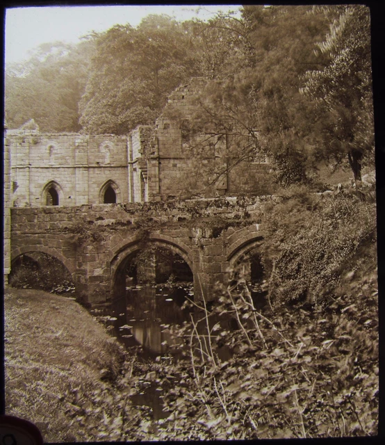 Glass Magic Lantern Slide FOUNTAINS ABBEY 12TH C BRIDGE C1900 PHOTO ENGLAND