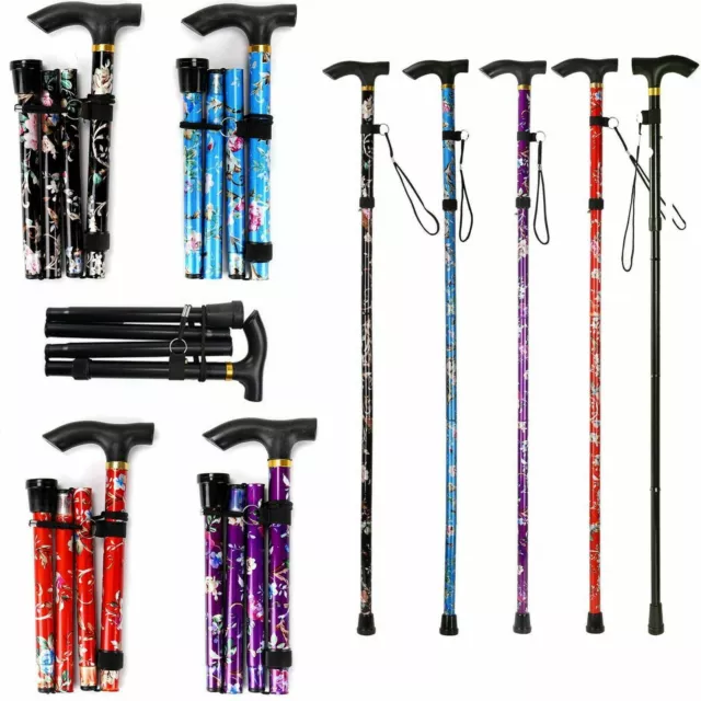 Adjustable Folding Cane Flower Style & Plain Design Walking Stick Hiking Travel