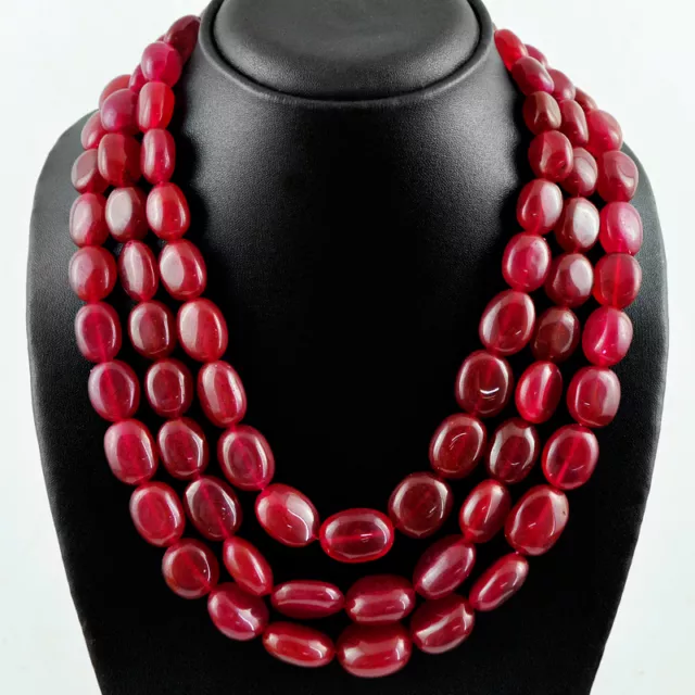 Rare 1325.00 Cts Earth Mined 3 Strand Red Ruby Oval Shape Beads Necklace (Rs)