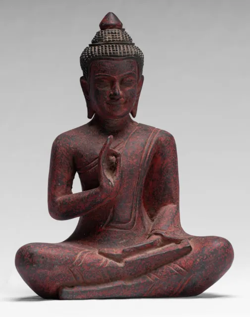 Buddha - Antique Khmer Style Seated Wood Buddha Statue Teaching Mudra - 26cm/10"