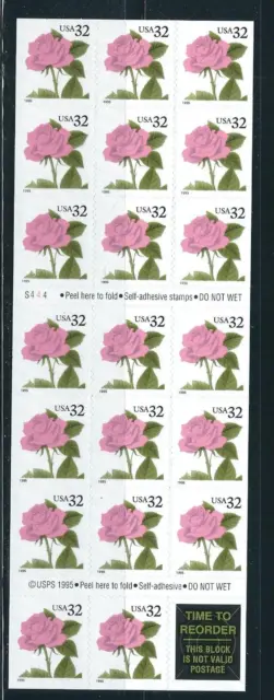 USA SC # 2492a Pink Rose  Booklet pane of 20 + label .  MNH