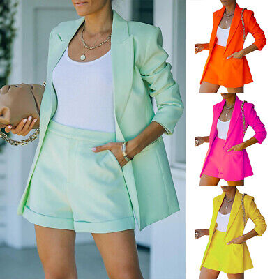 2PCS Women Blazer Suit Co-ord Set Jacket Tops+Shorts Ladies Office Work Suit UK