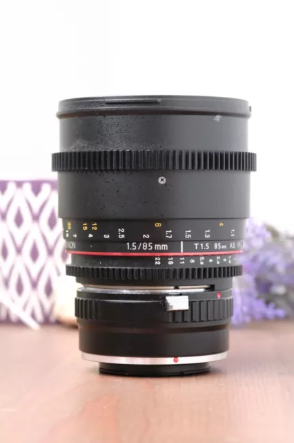 Rokinon 85mm T1.5 AS IF UMC CINE Lens For Nikon F With E-Mount Adapter **READ**