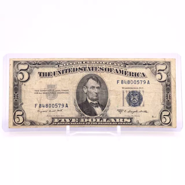 1953B $5 Five Dollar US Silver Certificate VINTAGE BLUE SEAL F1657 Smith Dillon