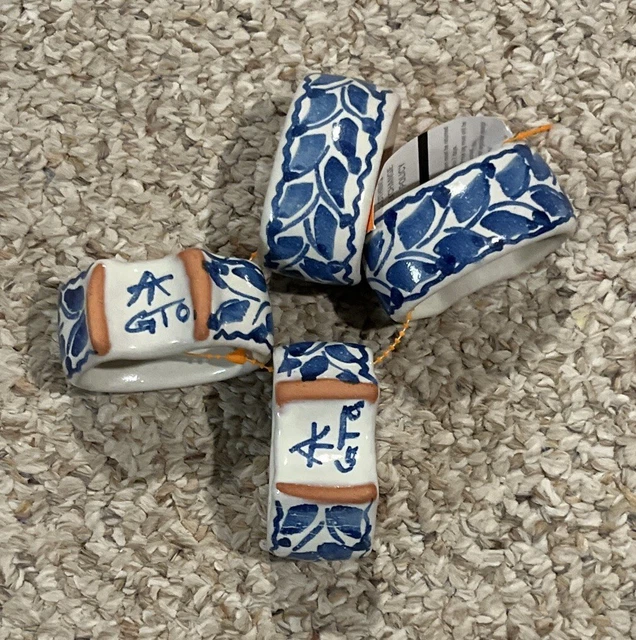 Vintage Oriental Blue & White Napkin Ring Holders Set Of 4!!