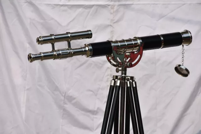 Antique Brass Telescope Wood Tripod Spyglass Double Barrel Scope For Astrology