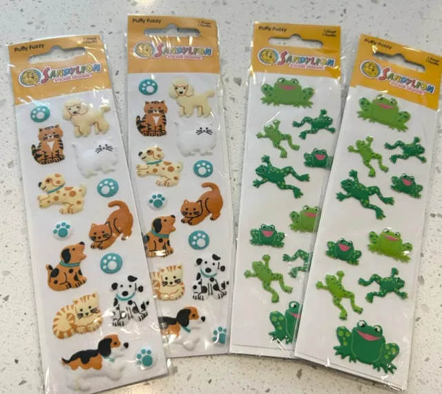 Vintage Sandylion PUFFY FUZZY Stickers (4) Sheets Dogs Frogs SEALED