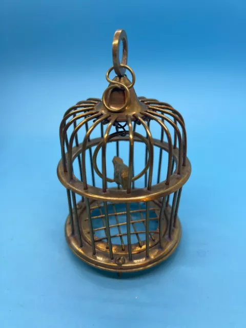 VTG Solid Brass Hanging Mini Dome Decorative Bird Cage With Bird On Swing 4.75" 2
